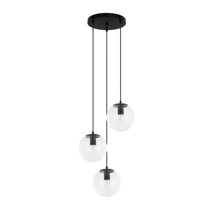 Nowoczesna lampa Sarpo Italux 3xE27 zachwyca minimalistycznym designem i szklanymi kloszami. Idealna nad stół, wyspę kuchenną lub do salonu. Czarna oprawa i transparentne kule dodają wnętrzu elegancji i lekkości.