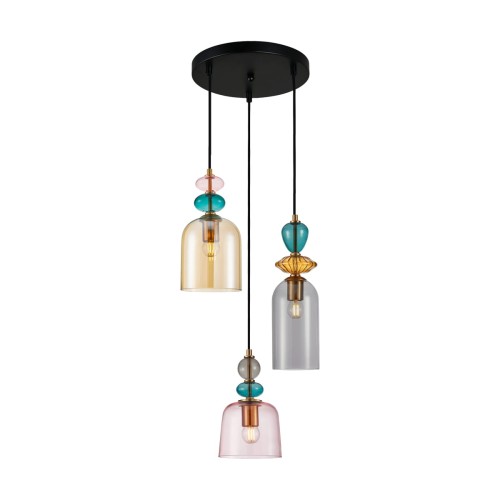 Lampa wisząca NAMOS Italux 3xE27 łączy kolorowe szklane klosze z mosiężnymi detalami. Kaskadowy układ trzech zwisów ozdobi salon, jadalnię lub kuchnię. Średnica 39,5 cm, wysokość całkowita 124,5 cm. Model PND-27092-3A-MC-BRO, IP20.