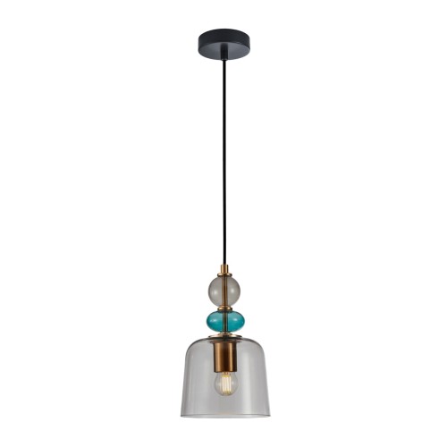 Lampa wisząca NAMOS 1xE27 Italux PND-27092B-MC-BRO łączy przydymiony szklany klosz, turkusową ozdobę i mosiężne detale. Do kuchni, jadalni i sypialni. Średnica 16 cm, wysokość całkowita 107,5 cm. Maks. 40W, IP20, 230V.