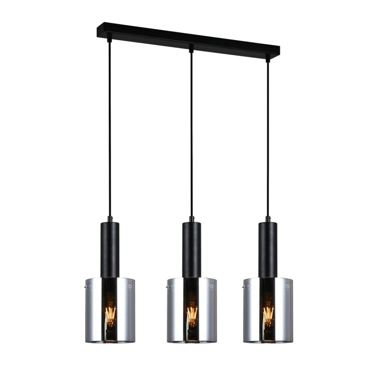 Lampa wisząca SARDO Italux PND-5581-3-BK+SG to nowoczesne oświetlenie z trzema kloszami z dymionego szkła. Czarna konstrukcja i loftowy styl doskonale pasują do salonu, kuchni oraz jadalni. Idealna nad stół lub wyspę kuchenną.