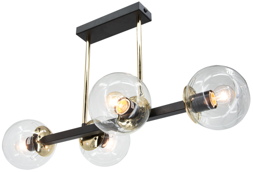 Lampa sufitowa SINTRA 4xE27 czarna złota to nowoczesne oświetlenie z transparentnymi kloszami w kształcie kul. Idealna do salonu, jadalni lub kuchni. Stylowe połączenie metalu i szkła tworzy elegancki efekt świetlny.