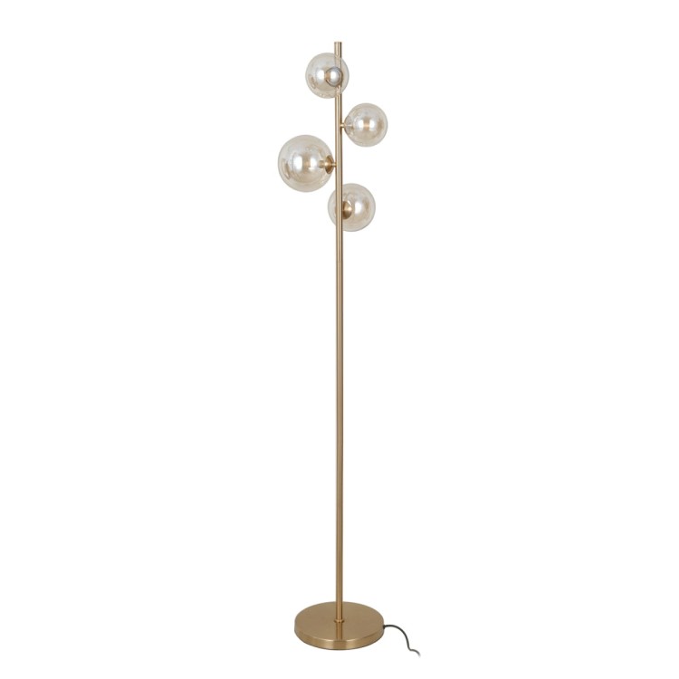 Lampa podłogowa CANELLO Italux 4xG9 w kolorze mosiądzu miodowego z bursztynowymi kulami. Elegancka oprawa o wysokości 160 cm i szerokości 31 cm, idealna do salonu, sypialni czy gabinetu. Solidne wykonanie z metalu i szkła, gwarancja 2 lata