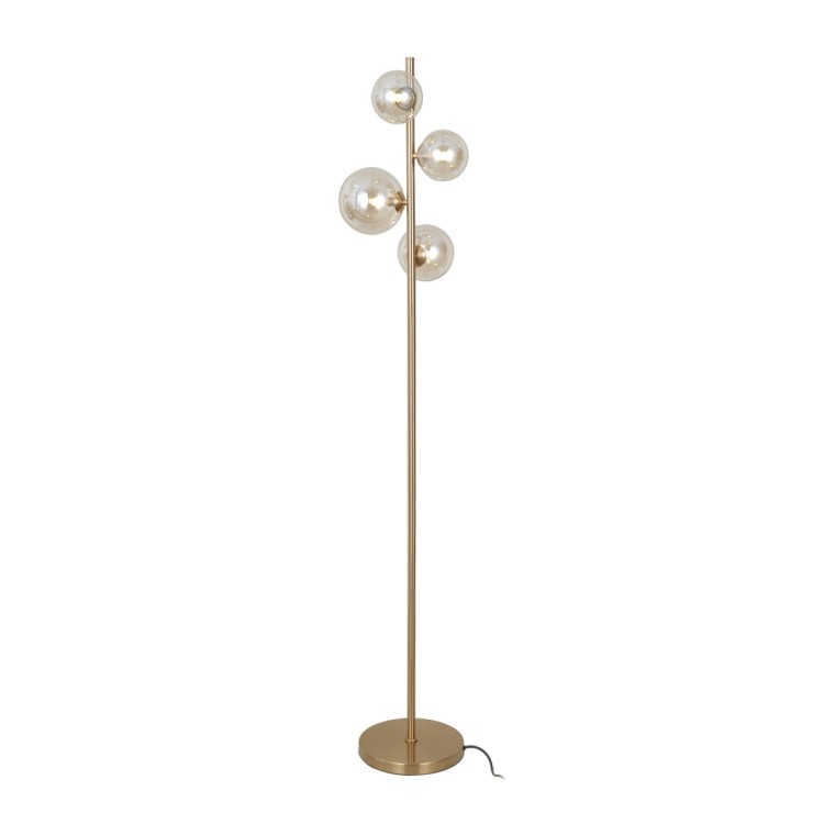 Lampa podłogowa CANELLO Italux 4xG9 w kolorze mosiądzu miodowego z bursztynowymi kulami. Elegancka oprawa o wysokości 160 cm i szerokości 31 cm, idealna do salonu, sypialni czy gabinetu. Solidne wykonanie z metalu i szkła, gwarancja 2 lata
