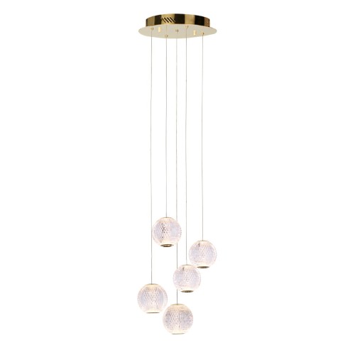 Lampa sufitowa ROSARIO 5xLED Italux zachwyca efektowną kaskadową formą i złotym wykończeniem. Pięć transparentnych kloszy tworzy wyjątkową dekorację wnętrza, a ciepłe światło 3000K zapewnia przytulną atmosferę w salonie lub jadalni.