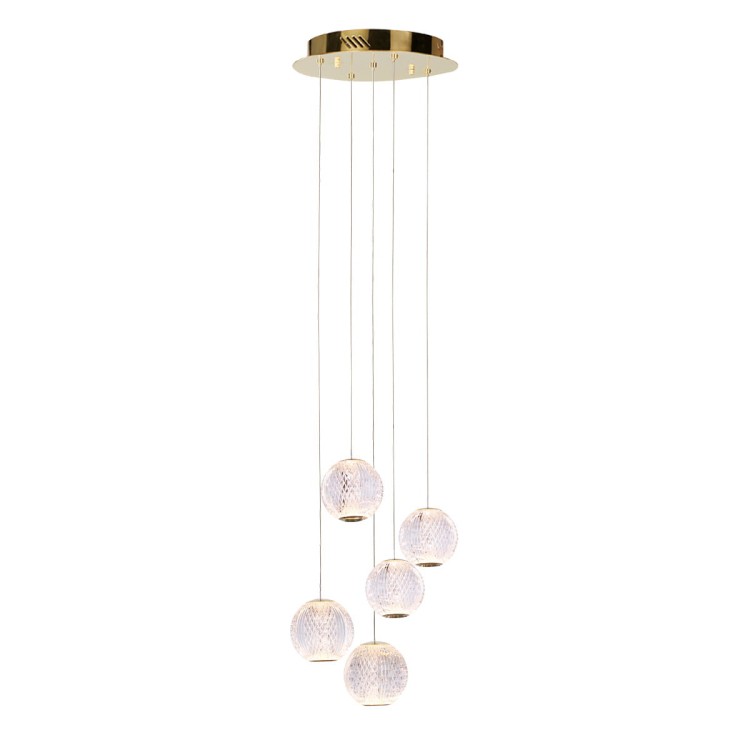 Lampa sufitowa ROSARIO 5xLED Italux zachwyca efektowną kaskadową formą i złotym wykończeniem. Pięć transparentnych kloszy tworzy wyjątkową dekorację wnętrza, a ciepłe światło 3000K zapewnia przytulną atmosferę w salonie lub jadalni.