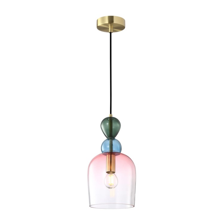 Lampa sufitowa MANSO Italux z różowym szklanym kloszem oraz dekoracyjnymi elementami w kolorze zielonym i niebieskim. Złota konstrukcja nadaje elegancji, a nowoczesny design sprawia, że lampa idealnie pasuje do salonu, jadalni lub sypialni.