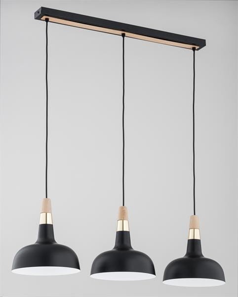 Stylowa lampa wisząca RODOS czarna 3xE27 na listwie od Alfa. Połączenie metalu i drewna sprawia, że świetnie komponuje się w jadalni, kuchni i nowoczesnym salonie.