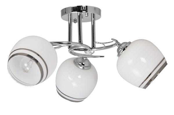 Lampa sufitowa OFELIA Venti W-N1575/3 w kolorze chromu z trzema białymi kloszami w połysku z chromową obwódką. Średnica 46 cm, wysokość 26 cm. Wykonana z metalu i szkła. Źródło światła 3x E27 60W (brak w zestawie, możliwość LED