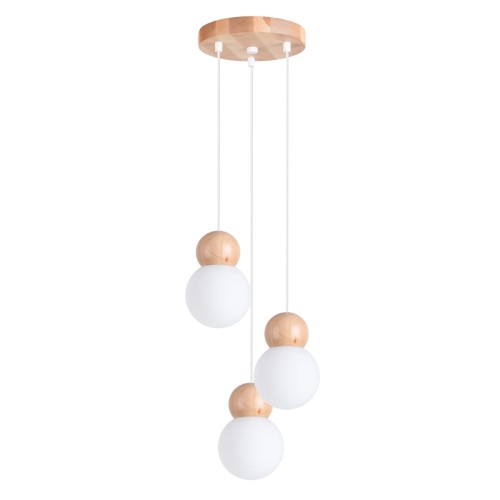 Lampa wisząca PEKKA 3xG9 Sollux SL.1391 łączy naturalne drewno z mlecznym szkłem, tworząc wyjątkową dekorację wnętrza. Trzy kule świetlne zawieszone na różnych wysokościach doskonale prezentują się nad stołem, w salonie lub sypialni