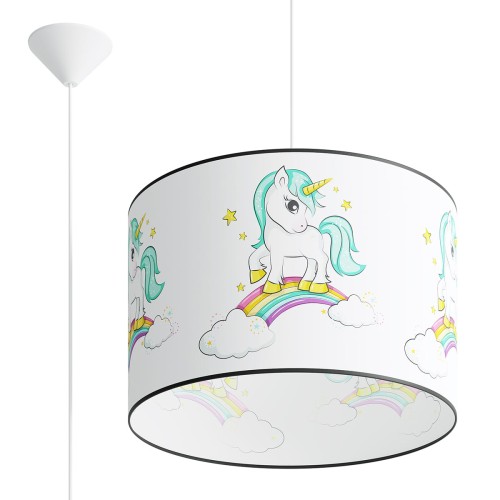 Lampa wisząca UNICORN Sollux SL.1413 zachwyca kolorowym motywem jednorożca na tęczy. Duży klosz o średnicy 40 cm doskonale rozprasza światło, tworząc przytulną atmosferę w pokoju dziecka i rozwijając dziecięcą wyobraźnię.