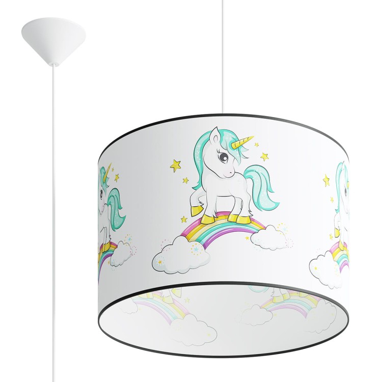 Lampa wisząca UNICORN Sollux SL.1413 zachwyca kolorowym motywem jednorożca na tęczy. Duży klosz o średnicy 40 cm doskonale rozprasza światło, tworząc przytulną atmosferę w pokoju dziecka i rozwijając dziecięcą wyobraźnię.