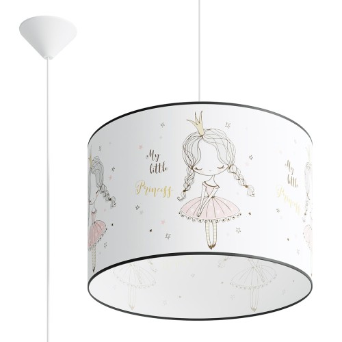 Lampa wisząca PRINCESS to wyjątkowe oświetlenie do pokoju dziewczynki. Uroczy motyw księżniczki, pastelowe kolory i duży abażur o średnicy 40 cm tworzą bajkową atmosferę sprzyjającą zabawie, nauce i odpoczynkowi.