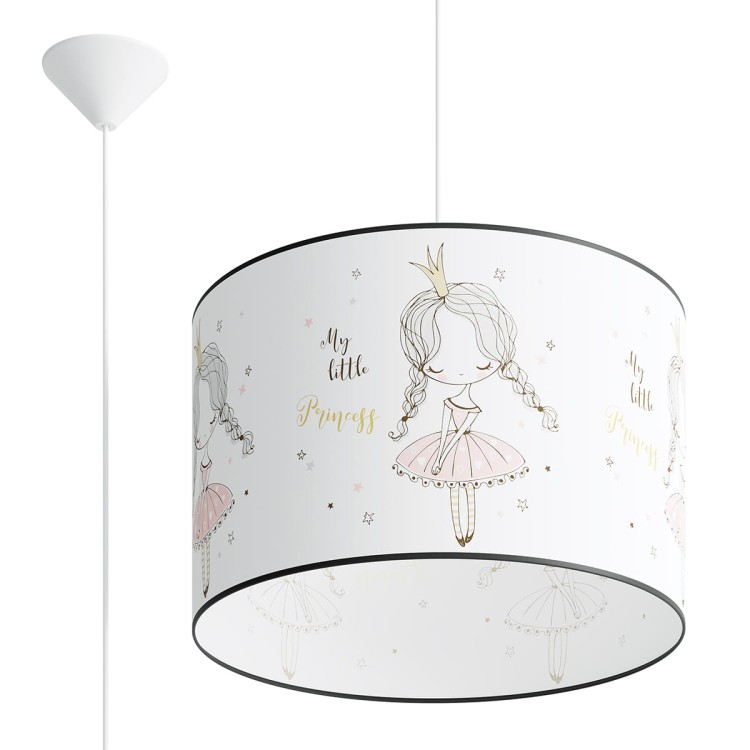 Lampa wisząca PRINCESS to wyjątkowe oświetlenie do pokoju dziewczynki. Uroczy motyw księżniczki, pastelowe kolory i duży abażur o średnicy 40 cm tworzą bajkową atmosferę sprzyjającą zabawie, nauce i odpoczynkowi.