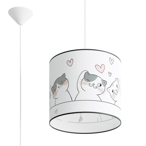 Lampa wisząca CAT Kotki Kocięta Sollux SL.1418 to urocze oświetlenie do pokoju dziecka. Kolorowy abażur z motywem kotków tworzy przytulną atmosferę, a oprawka E27 umożliwia zastosowanie energooszczędnej żarówki LED do 15W