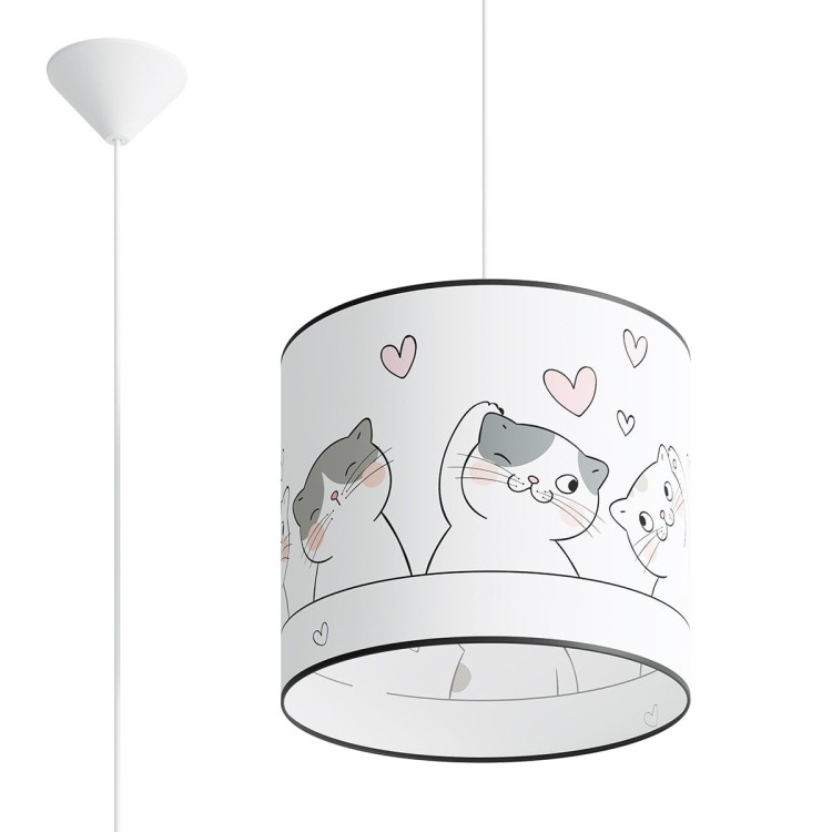 Lampa wisząca CAT Kotki Kocięta Sollux SL.1418 to urocze oświetlenie do pokoju dziecka. Kolorowy abażur z motywem kotków tworzy przytulną atmosferę, a oprawka E27 umożliwia zastosowanie energooszczędnej żarówki LED do 15W