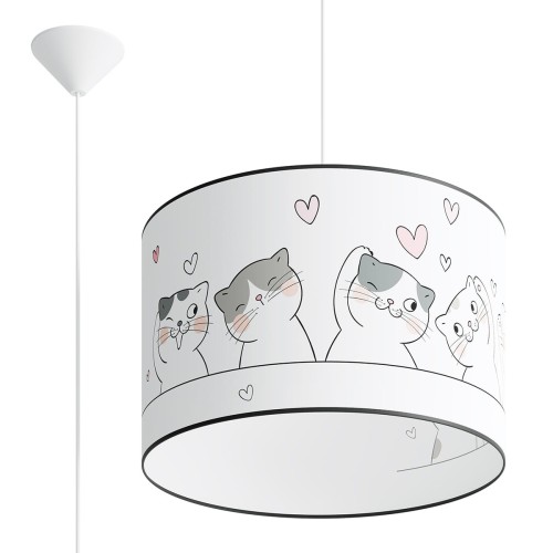 Kolorowa lampa wisząca dziecięca 40 cm z uroczym motywem kotków to doskonały wybór do pokoju dziewczynki. Duży abażur z PVC zapewnia przyjemne rozproszenie światła, a oprawka E27 pozwala zastosować energooszczędną żarówkę LED.