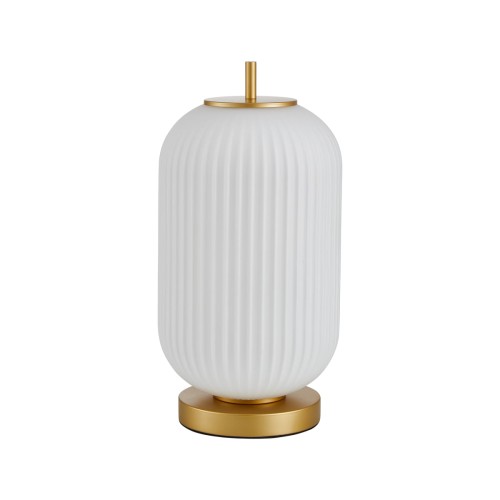 Lampka stołowa OLMETO Italux zachwyca eleganckim połączeniem złotej podstawy i ryflowanego klosza z białego szkła opalowego. Idealna do sypialni, salonu lub gabinetu. Tworzy przyjemne, rozproszone światło i podkreśla styl wnętrza.