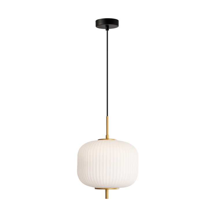Lampa wisząca OLMETO Italux zachwyca eleganckim połączeniem złotych detali i ryflowanego klosza z białego szkła opalowego. Delikatnie rozprasza światło, tworząc przytulną atmosferę. Idealna do salonu, jadalni, sypialni lub kuchni.