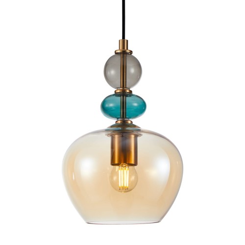 Lampa wisząca BUSCO Italux 1xE27 to stylowe oświetlenie z bursztynowym kloszem i dekoracyjnymi szklanymi elementami. Idealna do kuchni, jadalni i salonu. Tworzy ciepły, przytulny klimat i nowoczesny efekt