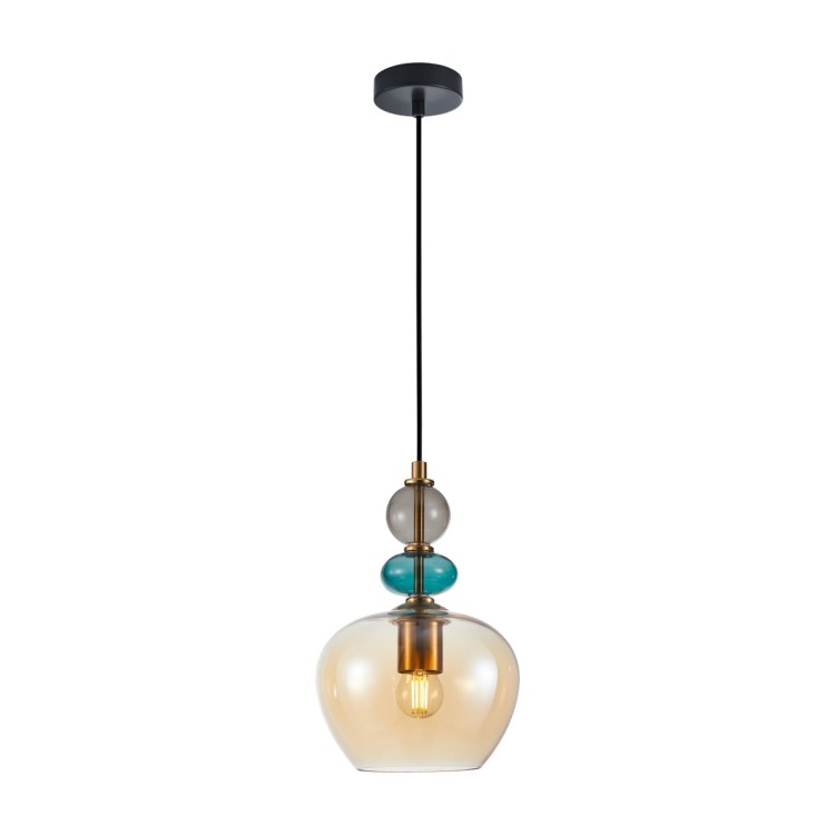 BUSCO Italux to designerska lampa wisząca z bursztynowym kloszem i ozdobnym akcentem w kolorze turkusowym. Doskonała do salonu, jadalni i sypialni, tworzy ciepłą i przyjemną atmosferę.