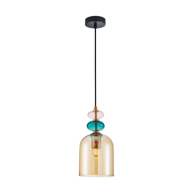 Lampa wisząca BUSCO Italux zachwyca designerskim połączeniem złota, czerni i kolorowych szklanych detali. Bursztynowy klosz tworzy ciepłą atmosferę, dzięki czemu doskonale sprawdzi się nad stołem, wyspą kuchenną lub barkiem.