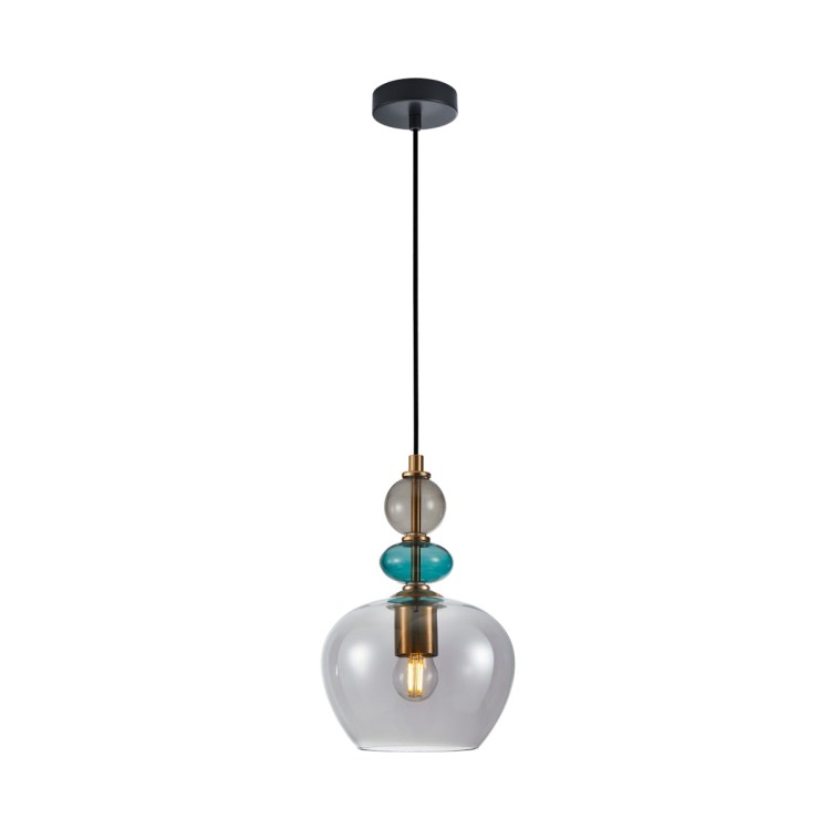 Lampa wisząca BUSCO Italux z dymionym kloszem zachwyca eleganckim połączeniem złota, czerni i turkusowych detali. Designerska forma doskonale sprawdzi się nad stołem, wyspą kuchenną lub barkiem, nadając wnętrzu wyjątkowego charakteru.
