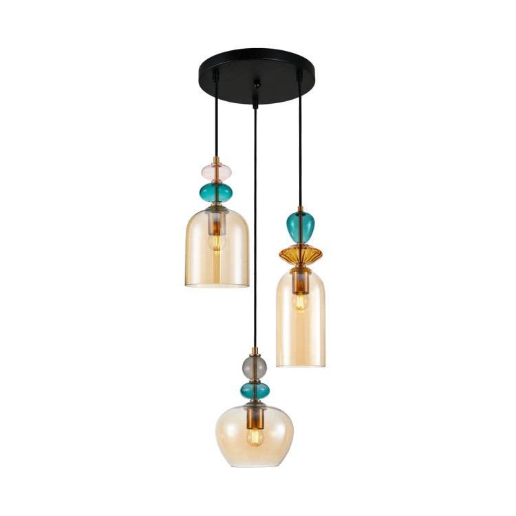 Lampa sufitowa BUSCO 3xE27 Italux to nowoczesne oświetlenie z bursztynowymi kloszami i złotą konstrukcją. Idealna do salonu, jadalni i kuchni nad wyspę. Tworzy ciepły, przytulny klimat i efektowny design.
