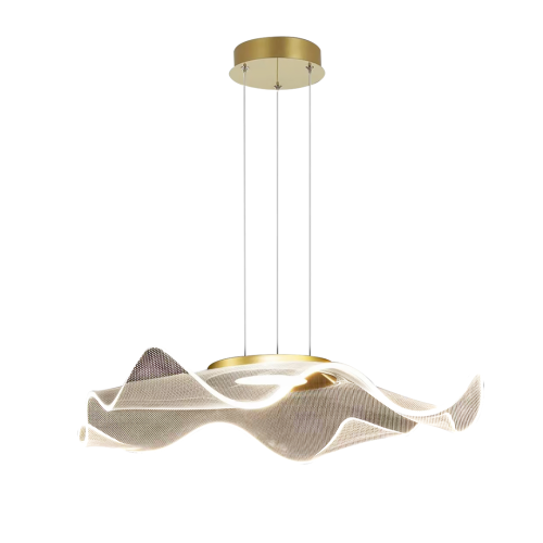 Złota lampa wisząca LARGO ML1042 zachwyca falistą, ażurową formą. LED 16W zapewnia 1300 lm i światło 4000K. Średnica 50 cm oraz regulowana wysokość 25–100 cm sprawdzą się nad stołem, wyspą kuchenną lub barkiem.