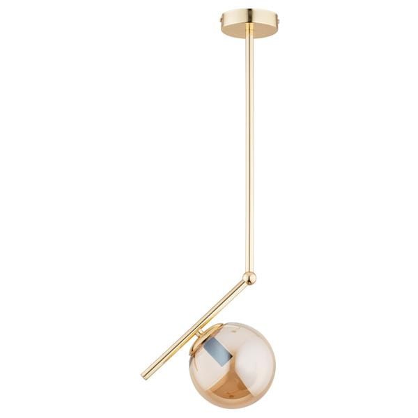 Lampa wisząca LIBERTY w kolorze złotym na jedną żarówkę E14 polska produkcja Alfa 61123. Oświetlenie sprawdzi się w sypialni po bokach łóżka. Klosz w kształcie kuli w kolorze bursztynowym.