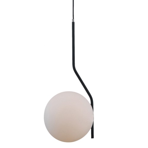 Lampa wisząca CARIMI Italux PND-3300-1-BK łączy czarną armaturę z białym kloszem w kształcie kuli. Regulowana wysokość do 100 cm i gwint E27 pozwalają wykorzystać ją nad stolikiem nocnym, stołem, barkiem lub wyspą.