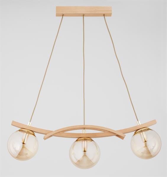 Nowoczesna lampa nad stół SANA 3xE14 z jasnego drewna i bursztynowego szkła. Trzy źródła światła LED E14, długość 70 cm i regulowana wysokość czynią ją idealnym wyborem do kuchni, jadalni i wnętrz japandi.