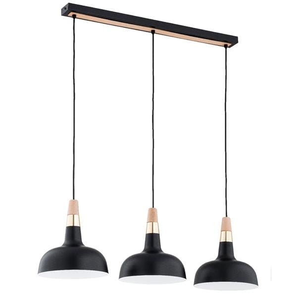 Lampa sufitowa RODOS czarna 3xE27 Alfa 62483 to nowoczesne oświetlenie z metalowymi kloszami i drewnianymi detalami. Idealna nad stół, wyspę lub do salonu. Pasuje do LED