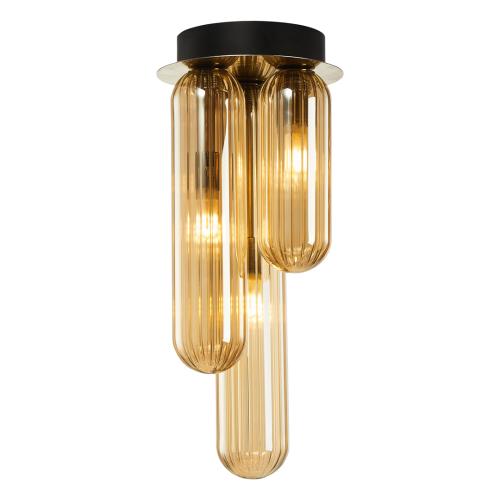 Lampa sufitowa PAX ML0340 Milagro ma trzy bursztynowe szklane klosze ułożone kaskadowo. Złote detale podkreślają ich ciepły kolor. Model 3×G9 LED sprawdzi się w salonie, jadalni lub holu.