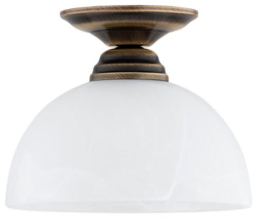 O3460 P1 PAT.jpgPlafon FRELLA O3460 P1 PAT – klasyczna lampa sufitowa w kolorze patyny z białym kloszem alabastrowym. Średnica 19 cm, wysokość 13 cm, 1×E27 max 60 W. Stylowe oświetlenie do korytarza, przedpokoju i sypialni. IP20.