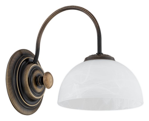 Kinkiet DELOS Lemir O3380/K1/PAT ma patynowaną armaturę i biały szklany klosz skierowany w dół. Oprawka 1×E27, wymiary 19 × 30 × 30 cm. Klasyczna lampa ścienna do salonu, sypialni lub przedpokoju.
