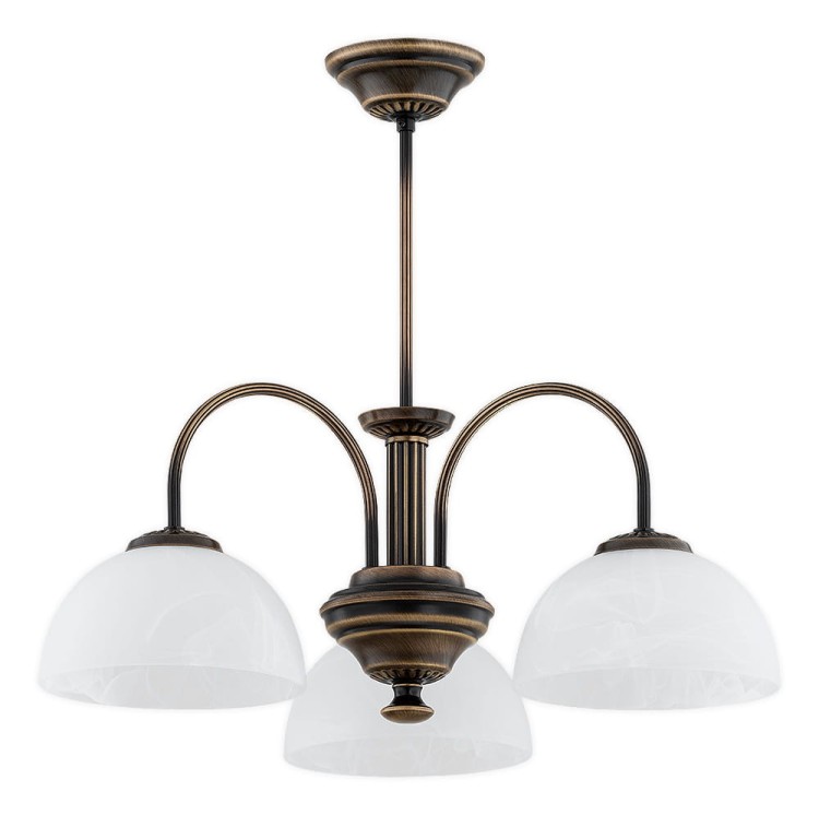 Żyrandol klasyczny DELOS 3x60W Lemir to elegancka lampa sufitowa w kolorze patyny z alabastrowymi kloszami. Wykonana ze stali i odlewu ZNAL, zapewnia trwałość i styl. Trzy gniazda E27 pozwalają uzyskać moc do 300W, idealnie oświetlając salon, jadalnię.
