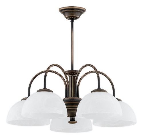 Żyrandol klasyczny DELOS O3385 W5 PAT marki Lemir ma patynowaną armaturę i 5 białych kloszy alabastrowych. Lampa 5xE27, Ø58 cm, wys. 50 cm, IP20 i podział 3+2. Eleganckie oświetlenie salonu, jadalni, gabinetu lub holu.