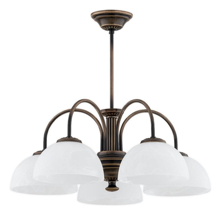 Żyrandol klasyczny DELOS O3385 W5 PAT marki Lemir ma patynowaną armaturę i 5 białych kloszy alabastrowych. Lampa 5xE27, Ø58 cm, wys. 50 cm, IP20 i podział 3+2. Eleganckie oświetlenie salonu, jadalni, gabinetu lub holu.