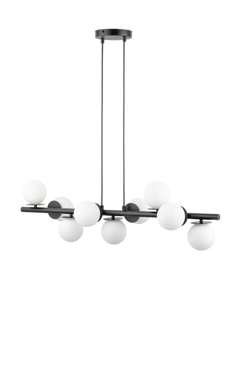 Designerska lampa sufitowa AVOLA 9-punktowa G9 w kolorze czarnym z białymi szklanymi kulami