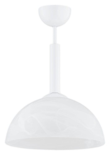 Minimalistyczna lampa wisząca w kolorze białym, z półprzezroczystym kloszem w kształcie kopuły, idealna do kuchni w stylu skandynawskim lub nowoczesnym