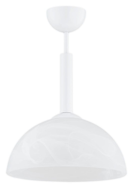 Minimalistyczna lampa wisząca w kolorze białym, z półprzezroczystym kloszem w kształcie kopuły, idealna do kuchni w stylu skandynawskim lub nowoczesnym