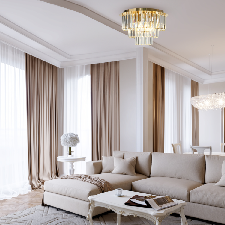 Luksusowa lampa sufitowa MILANO 6xE14 Milagro z kryształkami i złotą oprawą. Idealna do eleganckich wnętrz – salonu, jadalni i sypialni. Styl glamour i ponadczasowa elegancja.