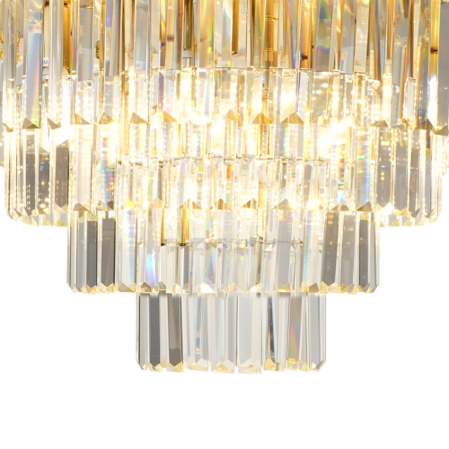 MILANO 9xE14 Milagro ML1024 to złota lampa glamour z kryształkami. Wielopoziomowa konstrukcja o średnicy 60 cm efektownie rozświetla wnętrze. Idealna do salonów, holi i luksusowych przestrzeni komercyjnych.