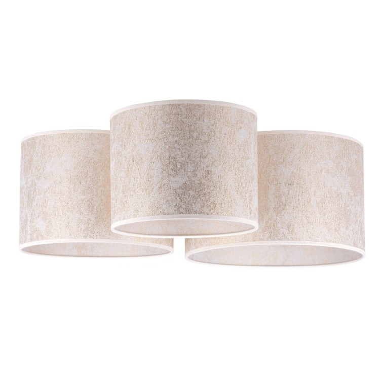 Lampa sufitowa ECRU 3xE27 Duolla 600415 to eleganckie oświetlenie z zamszowymi abażurami w kolorze ecru z złotymi prążkami. Złote wnętrze pięknie odbija światło, tworząc ciepłą atmosferę w salonie lub sypialni.