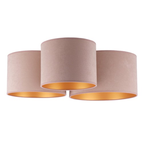 Lampa sufitowa BEIGE 3xE27 Duolla 600378 to eleganckie oświetlenie z beżowymi zamszowymi abażurami. Złote wnętrze pięknie odbija światło, tworząc ciepłą atmosferę w salonie lub sypialni.