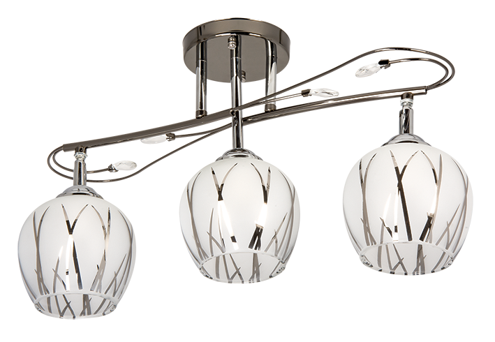 Lampa sufitowa SONIA Venti W-A2435/3 chrom z trzema białymi kloszami zdobionymi chromowanymi paskami. Styl nowoczesny, wykonanie metal i szkło. Wymiary: szerokość 52 cm, wysokość 28 cm. Źródło światła 3x E27 60W (możliwość LED