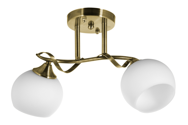 Lampa sufitowa ODETA Venti W-N2465/2 AB w kolorze patyny z dwoma białymi kloszami. Styl klasyczny, wykonanie metal i szkło. Wymiary: szerokość 42 cm, wysokość 23 cm. Źródło światła 2x E27 60W (brak w zestawie, możliwość LED