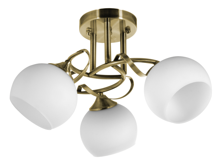 Lampa sufitowa ODETA Venti W-N2465/3 AB w kolorze patyny z trzema białymi kloszami. Styl klasyczny, wykonanie metal i szkło. Wymiary: średnica 48 cm, wysokość 23 cm. Źródło światła 3x E27 60W (brak w zestawie, możliwość LED