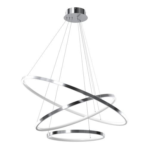 Lampa wisząca HOOP ML1551 to nowoczesne oświetlenie LED z trzema efektownymi pierścieniami w kolorze chrom. Moc 93W i neutralna barwa światła 4000K sprawiają, że doskonale oświetla salon, jadalnię, hol oraz nowoczesny apartament.
