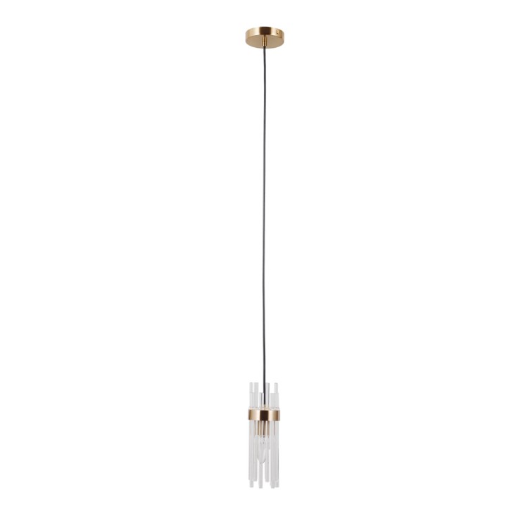 Lampa sufitowa TARASO 1xE14 w złotym wykończeniu doskonale sprawdzi się jako oświetlenie dekoracyjne. Smukły szklany klosz o średnicy 8 cm i wysokości 25 cm pięknie eksponuje światło nad blatem kuchennym.